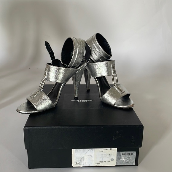 Authentic Saint Laurent Paris size 37.5 used silver and black high heel sandals - Picture 1 of 13